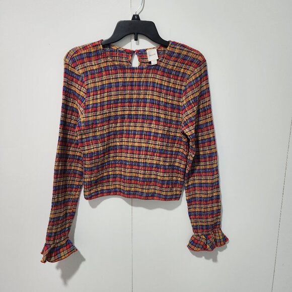 Anthropologie Maeve Smocked Stretch Long Sleeve Plaid Blouse-Fall Colors- Medium - Picture 1 of 6